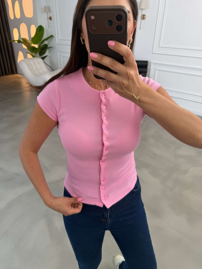 Pembe Fitilli Likralı Bluz 10905-Pembe