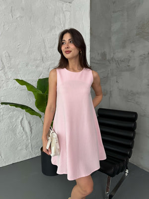 Pembe Çizgili Sıfır Kol Elbise