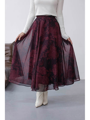 Mürdüm Çiçek Detaylı Şifon Etek 0613-Mürdüm