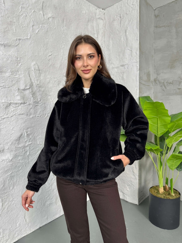 Premium Siyah İthal Kumaş Kürk Mont 70099-Siyah