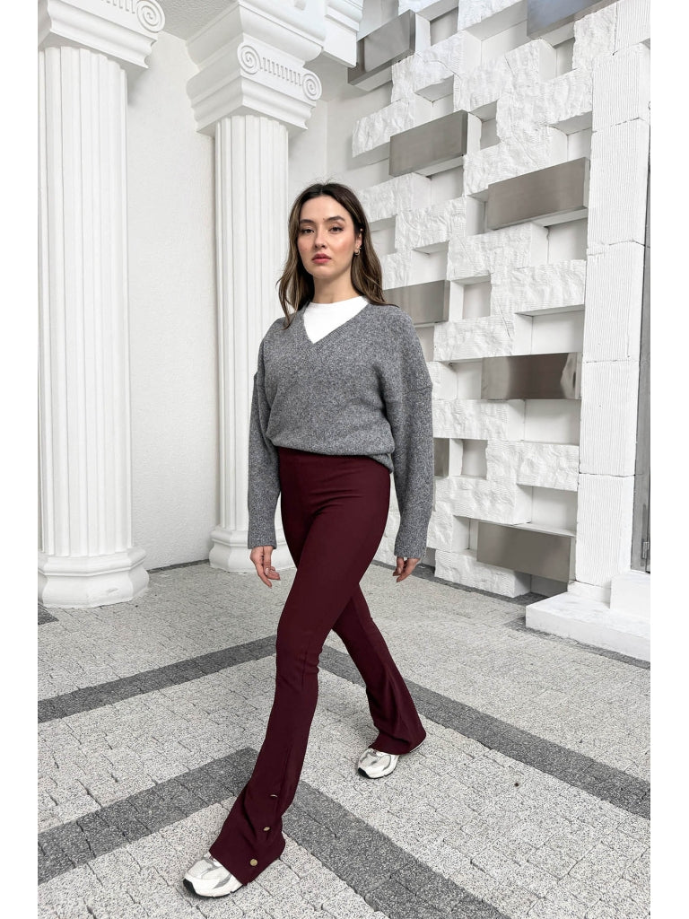 Dilvin Bordo Düğme Detay İspanyol Tayt 71905-Bordo