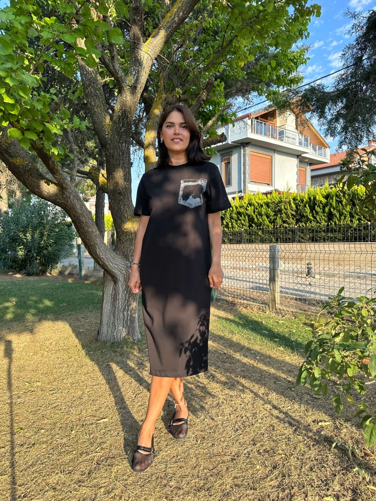Siyah Baskı Detaylı Basic Elbise