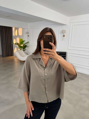 Vizon Oversize Keten Gömlek 4982-Vizon