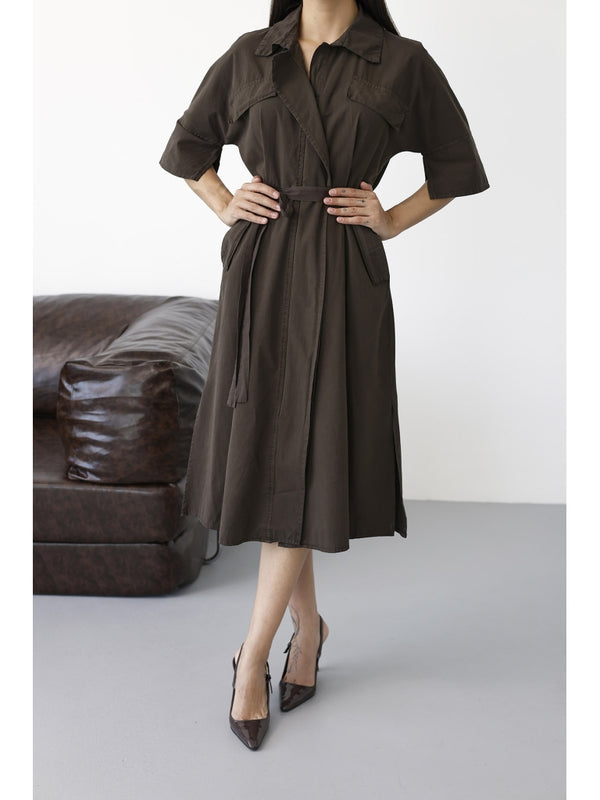 Kahverengi Önden Fermuarlı Kuşaklı Elbise 0049-Kahverengi