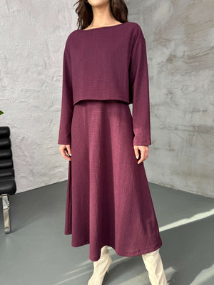 Mürdüm Bluzlu Elbise İkili Takım 7634-Mürdüm