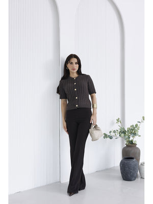 Kahverengi Gold Kemerli İspanyol Paça Pantolon 1741-Kahverengi