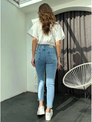 Mavi Yıkamalı Likralı Mom Jean