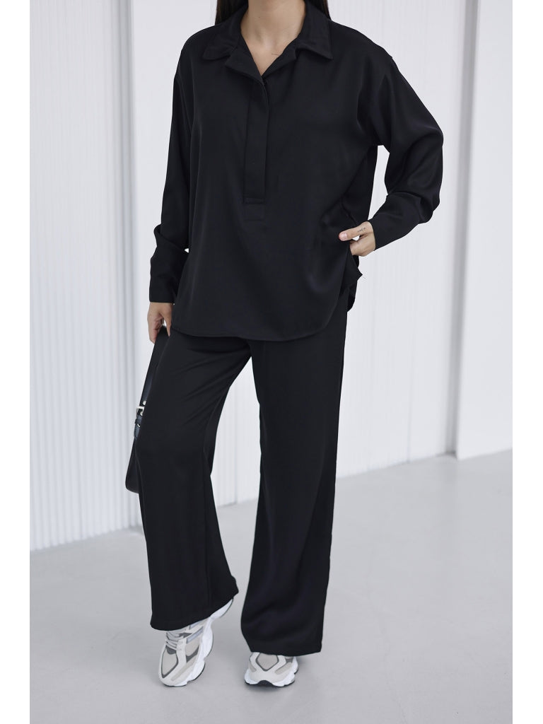 Siyah Yarım Düğmeli İkili Takım 0002-Siyah