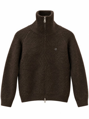 Kahverengi Mini Broşlu Fermuarlı Hırka 2622-Kahverengi