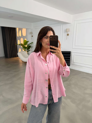 Pembe Düğme Detaylı Keten Gömlek 580384-Pembe
