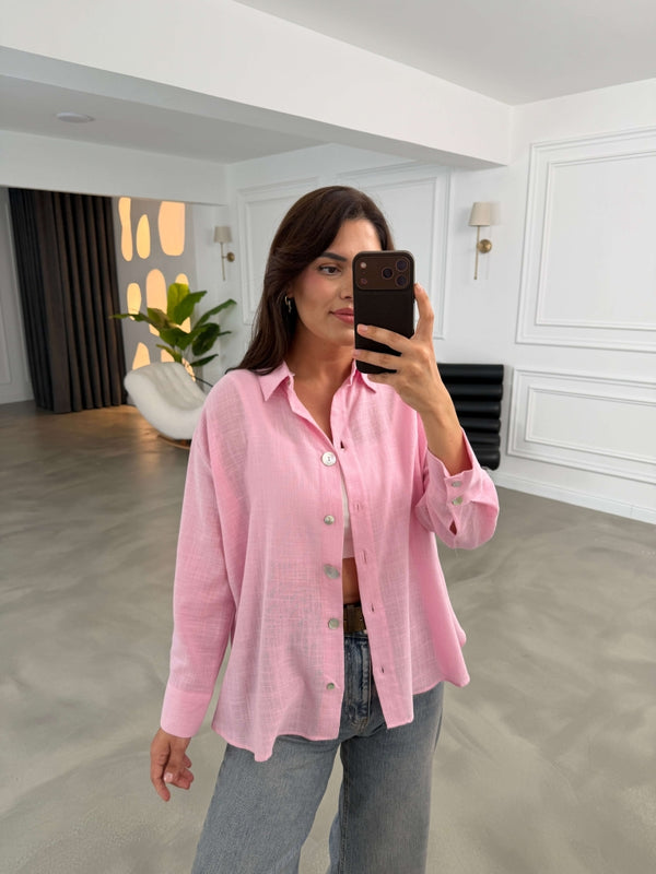Pembe Düğme Detaylı Keten Gömlek 580384-Pembe
