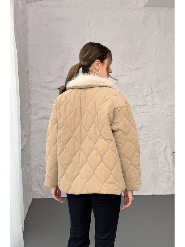 Vizon Yakası Kürklü Kapitone Mont 60559-Vizon