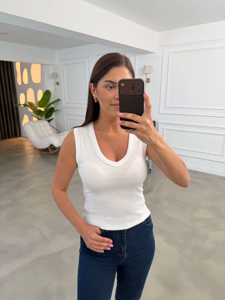 Beyaz Kalın Askı V Yaka Body 24172-Beyaz