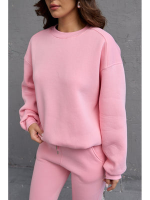 Pembe Bisiklet Yaka Üç İplik Şardonlu Sweat