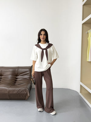 Kahve Fular Detaylı Pantolon Takım 4116-Kahve
