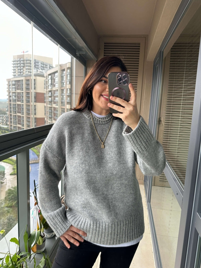Gri Bisiklet Yaka Oversize Kazak