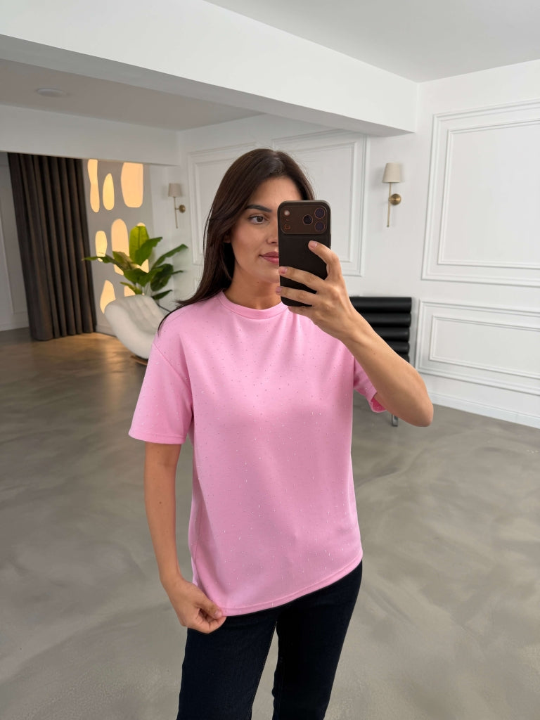 Pembe Taş Baskılı Tshirt 4236-Pembe