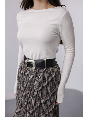 Bej Ekose Desen Kemerli Kraş Etek 7735-Bej