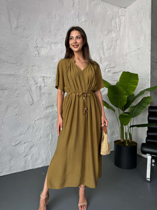 Olive Boncuk Kemerli Kısa Kollu Elbise