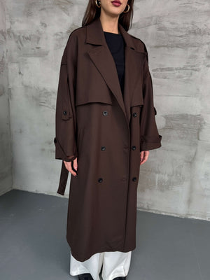 Acı Kahve Kruvaze Detaylı Oversize Trençkot