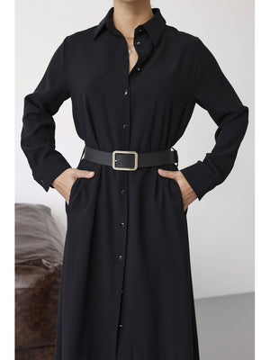 Siyah Maxi Boydan Düğmeli Kemerli Elbise 8185-Siyah