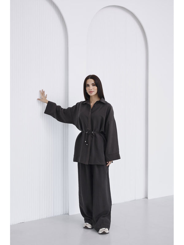 Kahve Bel Bağlamalı Gömlek Takım 51281-Kahve