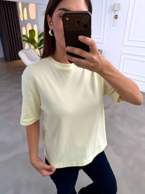 Sarı Bisiklet Yaka Basıc Tshirt 6597-Sarı