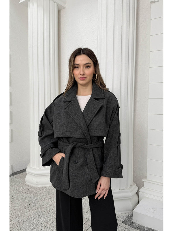 Antrasit Rebello Kuşaklı Kaşe Kaban 9669-Antrasit