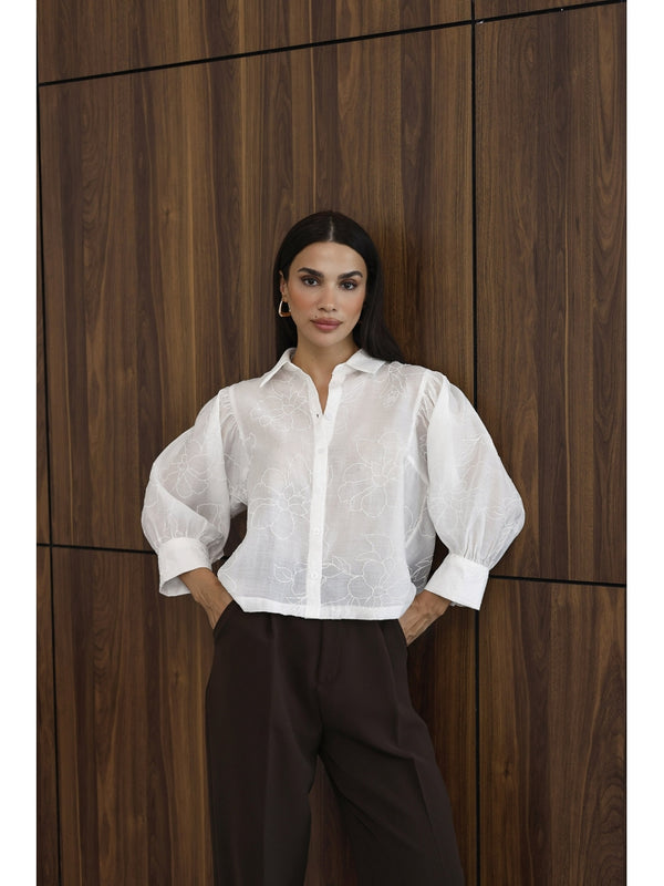 Ekru Çiçek Nakışlı Gömlek 8199-EKRU