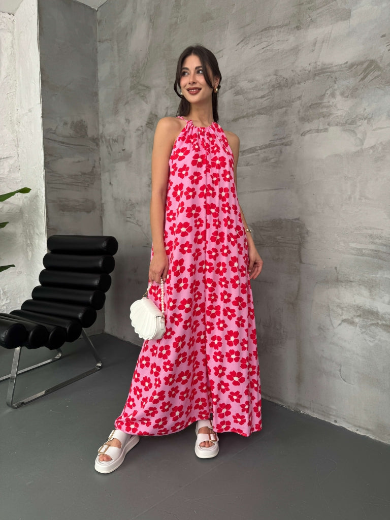 Pembe Yakası Fırfırlı Elbise