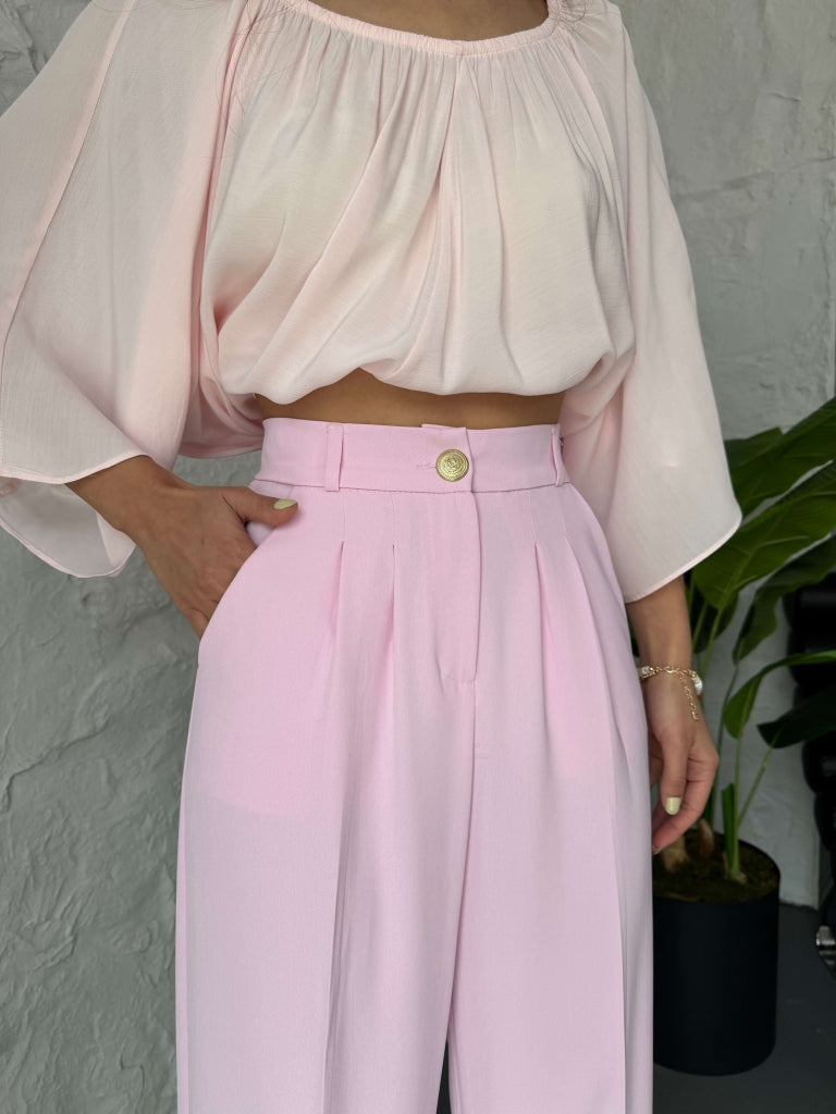 Pembe Gold Düğme Detaylı Palazzo Pantolon