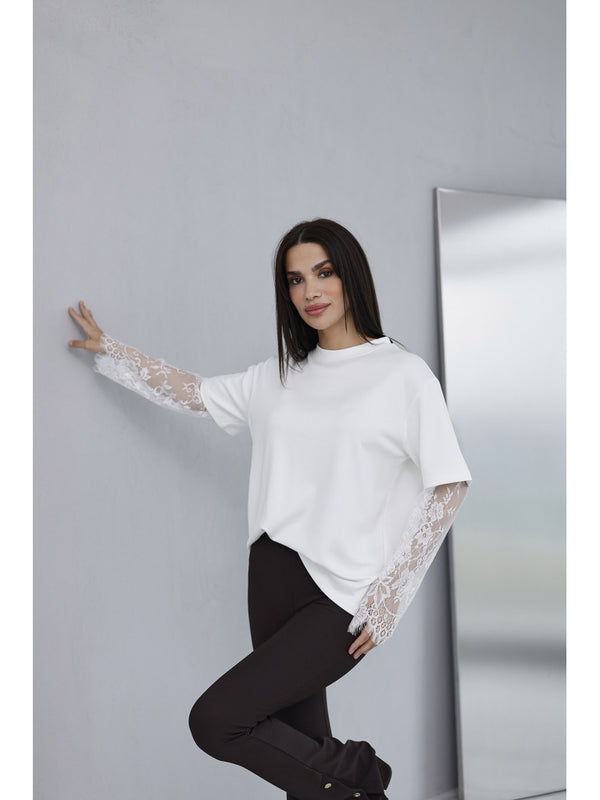 Ekru Güpür Kollu Bluz EY0302-Ekru