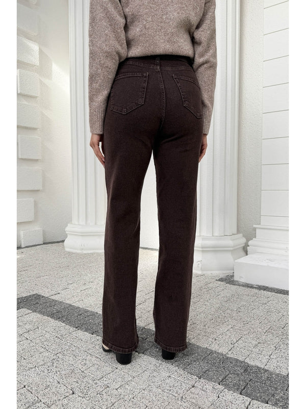 Kahverengi Yüksek Bel Straight Paça Kemerli Jean 700-Kahverengi