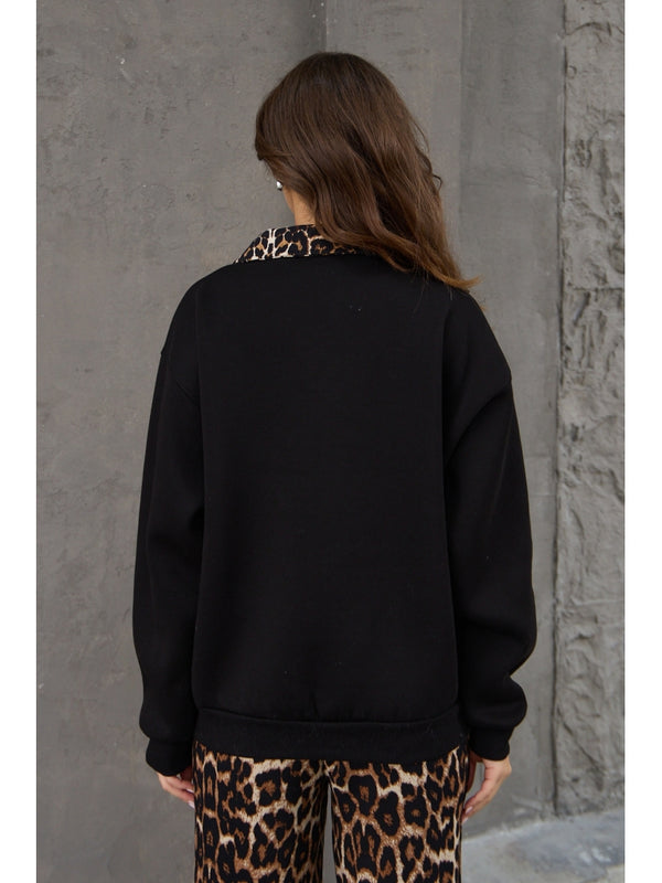 Siyah Leopar Nakışlı Polo Yaka Sweat