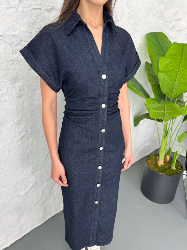 Lacivert Düşük Kol Drapeli Denim Elbise 258198-LACİVERT