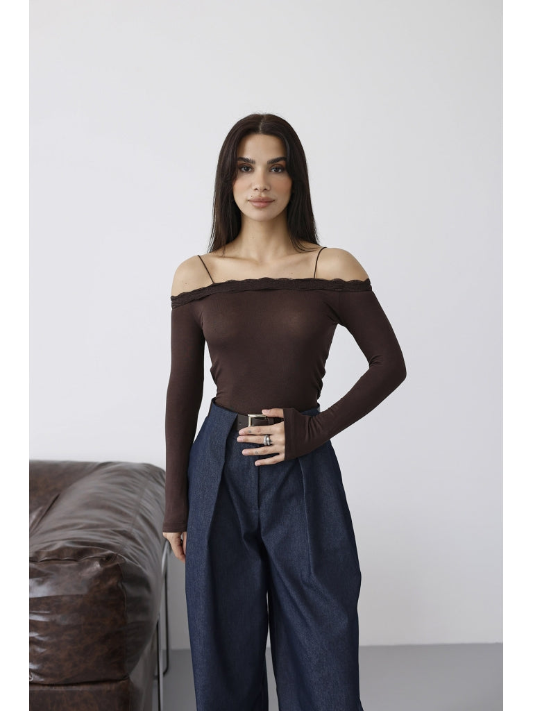 Kahverengi Madonna Yaka Dantelli Bluz 1064-Kahverengi