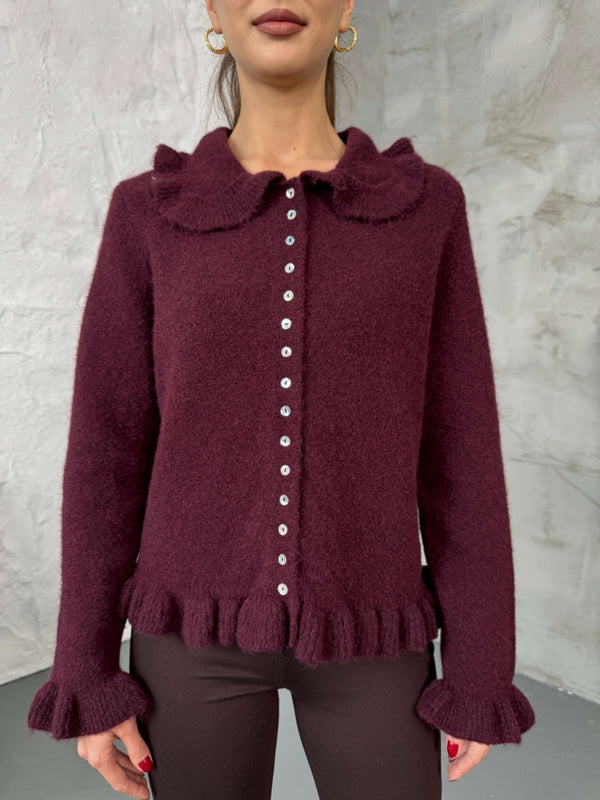 Bordo Sedef Düğmeli Triko Hırka 2517-Bordo