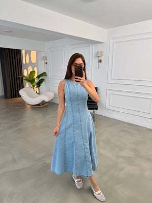 Mavi Dikiş Detaylı Jean Elbise 1029-Mavi