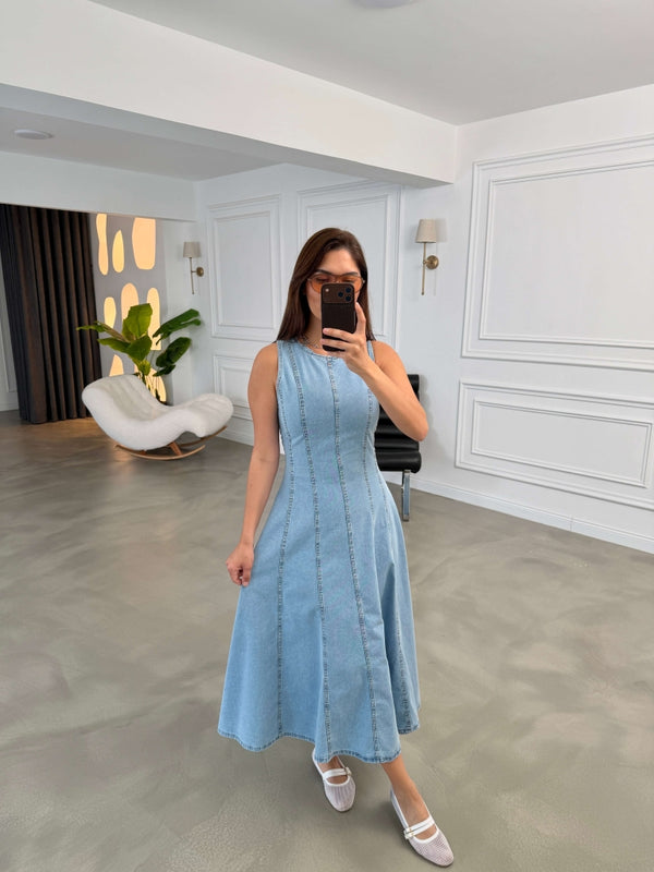Mavi Dikiş Detaylı Jean Elbise 1029-Mavi