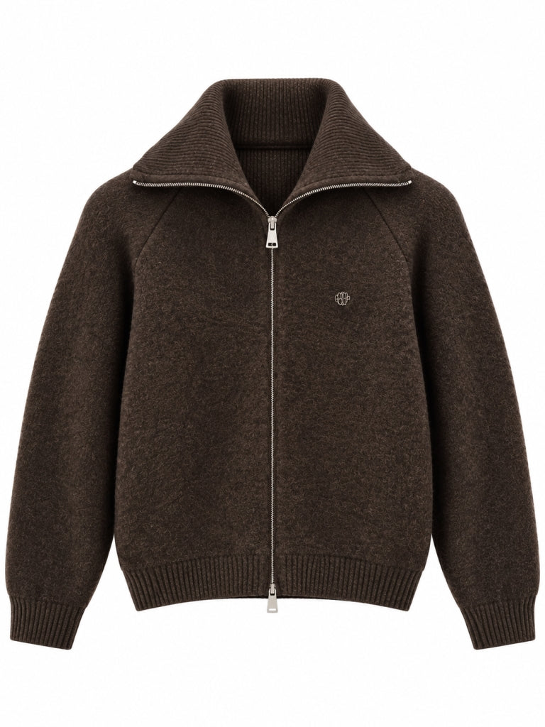 Kahverengi Mini Broşlu Fermuarlı Hırka 2622-Kahverengi