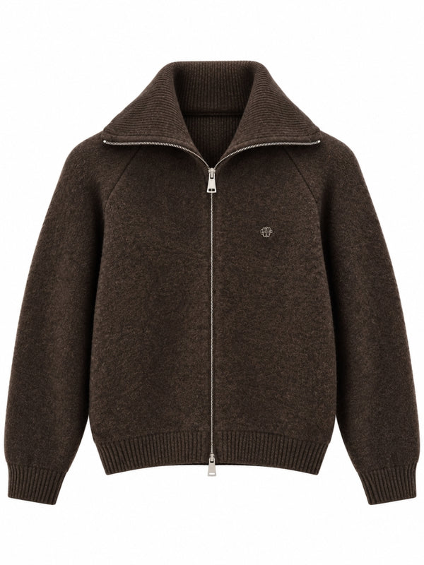Kahverengi Mini Broşlu Fermuarlı Hırka 2622-Kahverengi
