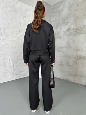 Siyah Paraşüt Şeritli Fermuarlı Scuba Takım 2624-Siyah