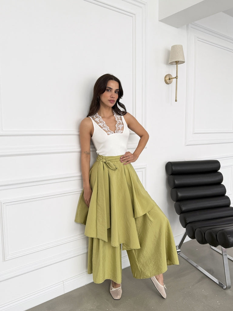 Olive Bel Bağlamalı Etek Pantolon 0020-Olive