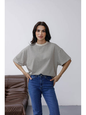 Ekru Çizgili Orj Marka Oversize Tshirt 6274-Ekru