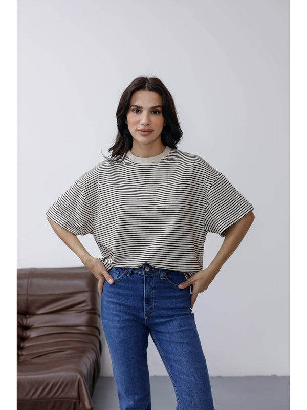 Ekru Çizgili Orj Marka Oversize Tshirt 6274-Ekru
