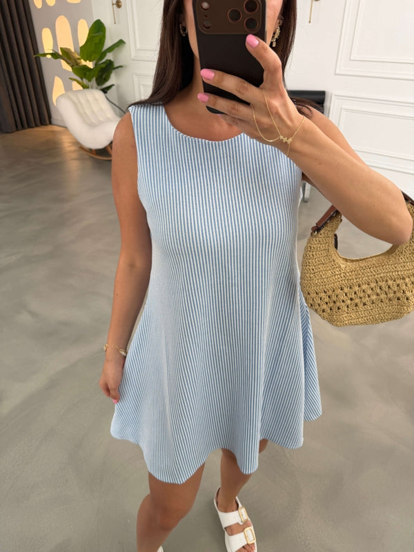 Mavi Çizgili Sıfır Kol Elbise 80148-Mavi