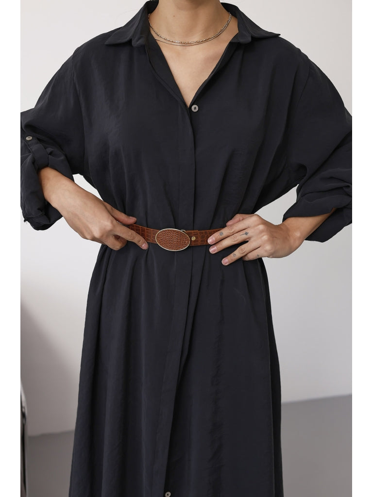 Siyah Tensel Kemerli Gömlek Elbise EYY3270-Siyah