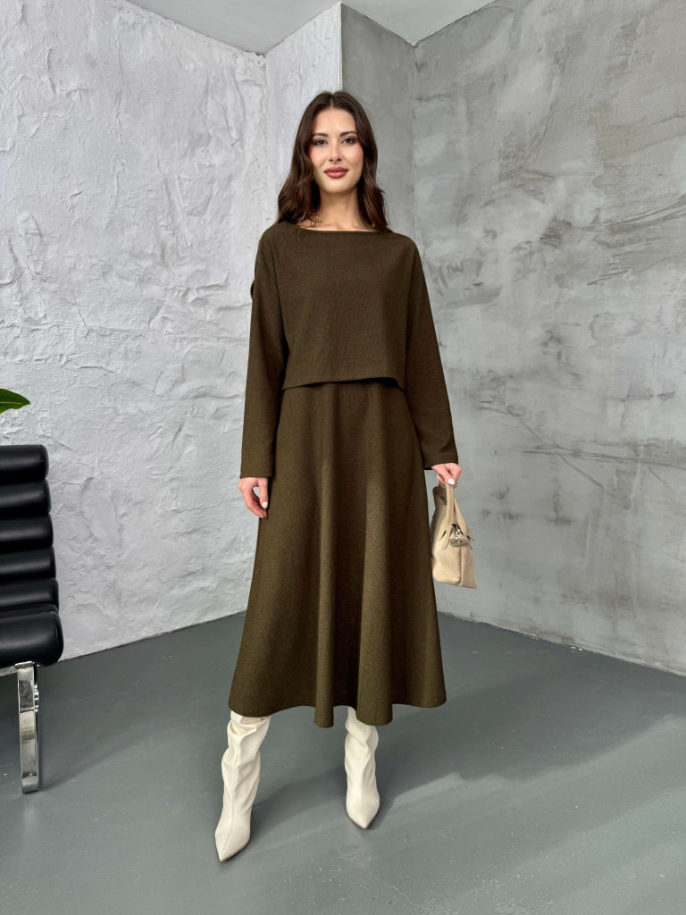 Haki Bluzlu Elbise İkili Takım 7634-Haki