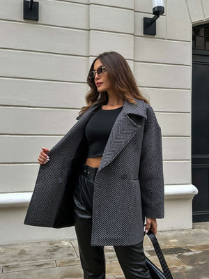 Antrasit Balık Sırtı Oversize Astarlı Kısa Kaban