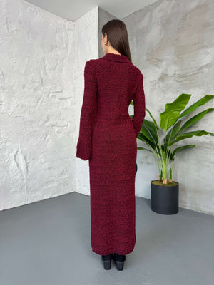 Bordo Polo Yaka Dokulu Triko Elbise